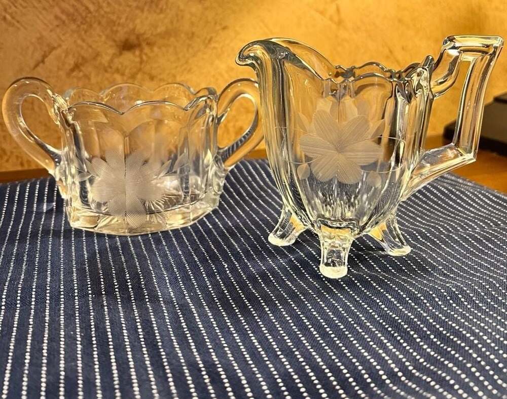 Vintage Etched Floral Indiana Glass Footed Sugar and Creamer Set